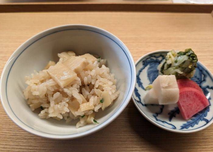 Bamboo rice and pickled vegetables at Gion Sasaki.